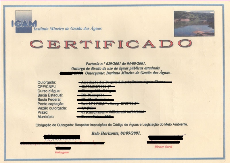 Exemplo de certificado de outorga de água. Imagem: aprobac.org.br [EDITADA]