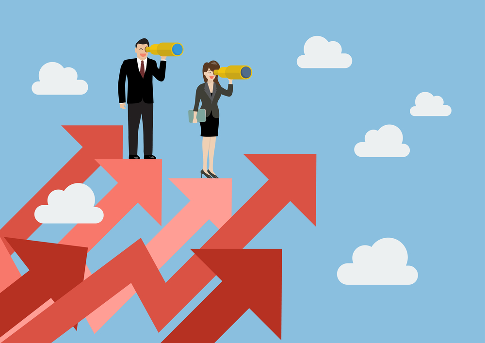 Business man and woman have a telescope standing on graph up. Business concept