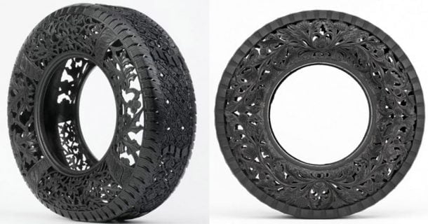 Pneus de carro esculpidos se transformam em arte