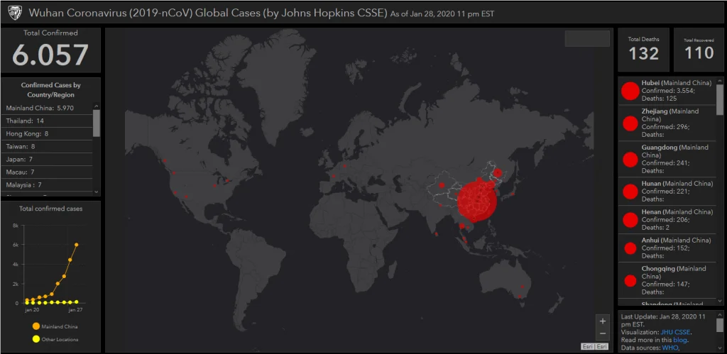 Mapa mostrando locais com casos de coronavírus registrados