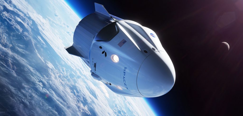Crew Dragon, cápsula que abrigará turismo espacial pela SpaceX em parceria com a Space Adventures.. Imagem: SpaceX.