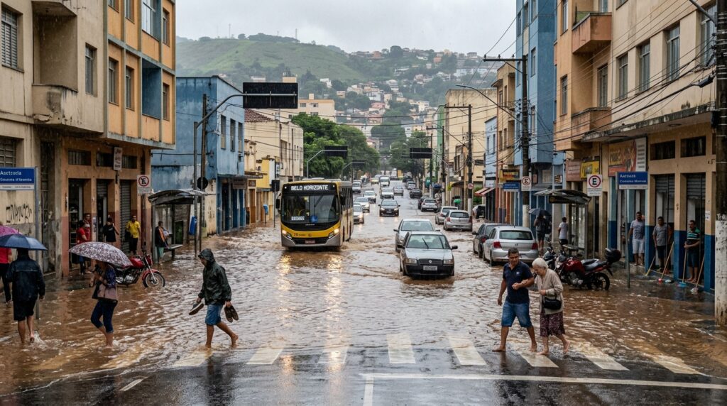 Estenda como as Ilhas de Calor Urbanas afetam a saúde das pessoas e o meio ambiente cenário de destruição em ruas após chuvas em Belo Horizonte