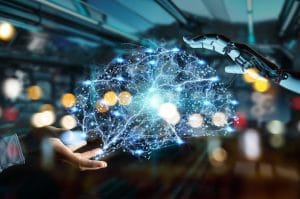 imagem de mão e robô se conectando inteligência artificial