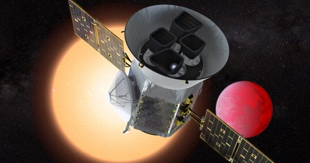 Ilustração do satélite de pesquisa de exoplanetas em trânsito da NASA - TESS - na frente de um planeta de lava que orbita sua estrela hospedeira.