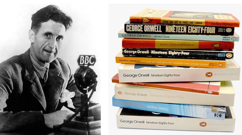 O autor George Orwell e coleção de edições da obra 1984, em inglês.