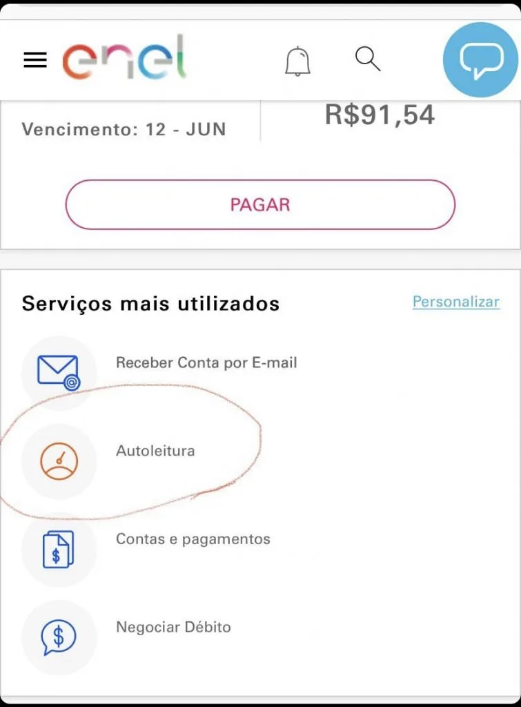 Imagem do site da ENEL em que mostra onde é feita a autoleitura