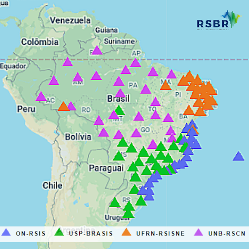 Mapa do Brasil com marcação dos postos de monitoramento de sismos da RSBR.