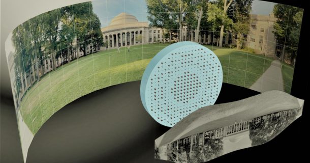 Ilustração artística 3D das metalentes de amplo campo de visão capturando um panorama de 180 ° da Killian Court do MIT e produzindo uma imagem plana monocromática de alta resolução. Imagem: Mikhail Shalaginov, Tian Gu, Christine Daniloff, Felice Frankel, Juejun Hu