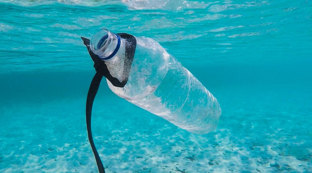 imagem de garrafa de plástico boiando em água -  poluição por plástico