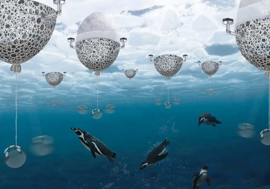 pinguins nadando em água sob os iglus