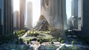 torre com base futurista em cidade chinesa