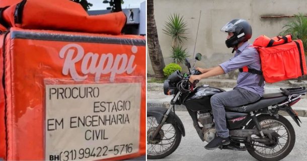 Entregador usa mochila para procurar estágio em Engenharia