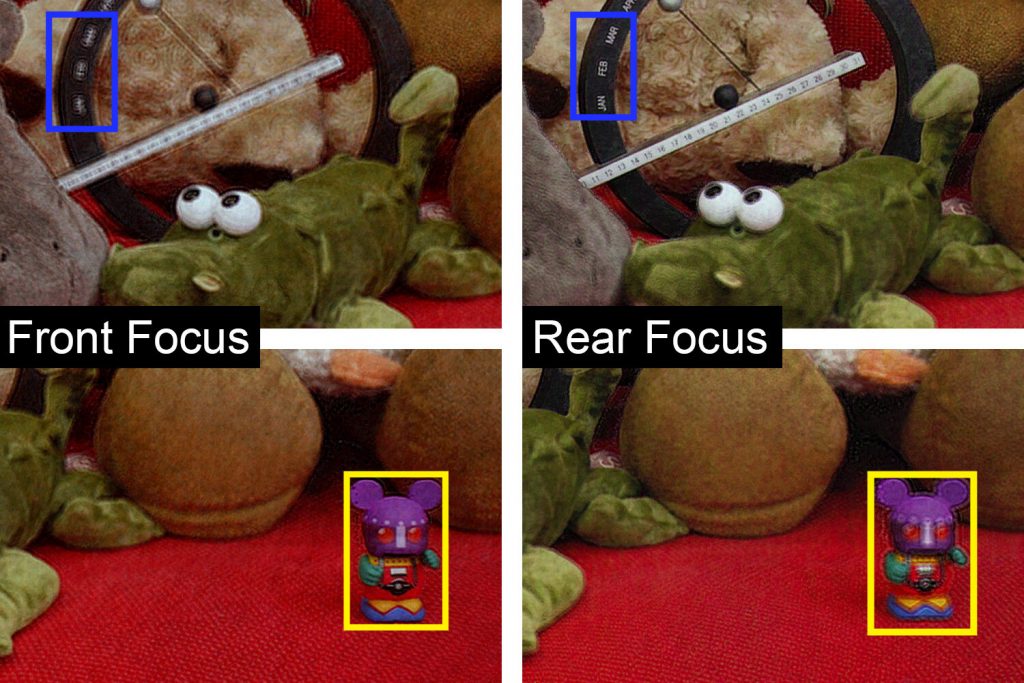 Demonstração de foco frontal (esquerda) e posterior (direita) de holograma