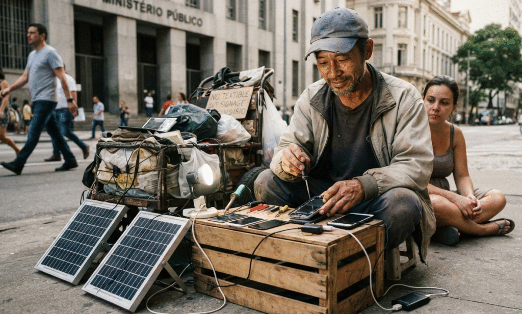A Engenhosidade nas Ruas: Homem desabrigado Utiliza Energia Solar para Recuperar Celulares de Graça Energia Solar para Recuperar Celulares