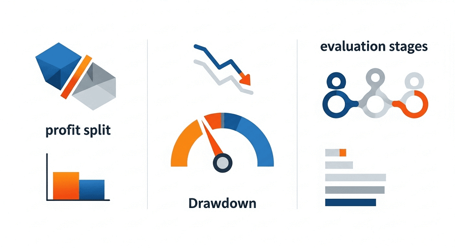 As 7 Melhores Empresas de Trading Proprietário em 2025 com Planos de Escalonamento até US$ 1 milhão+ Visão geral do trading proprietário em 2025 com gráficos e ícones de ativos.