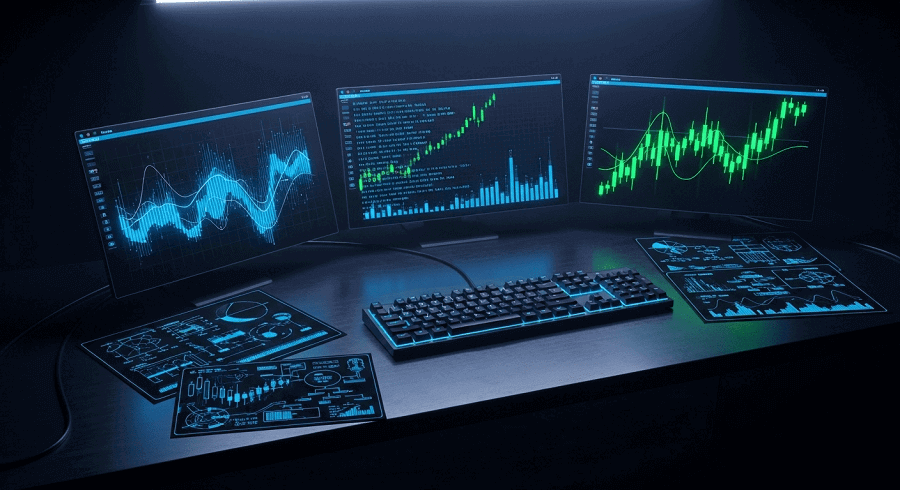 As 7 Melhores Empresas de Trading Proprietário em 2025 com Planos de Escalonamento até US$ 1 milhão+ Visão geral do trading proprietário em 2025 com gráficos e ícones de ativos.