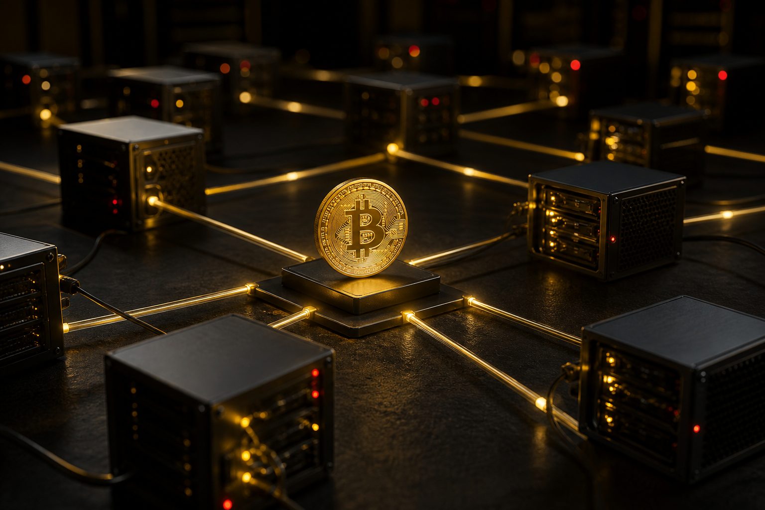A engenharia por trás do Bitcoin: como funciona a rede que nunca parou Rede descentralizada de nodes conectados por linhas luminosas, simbolizando a arquitetura peer-to-peer do Bitcoin.