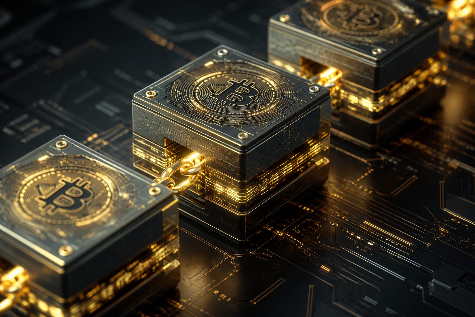 A engenharia por trás do Bitcoin: como funciona a rede que nunca parou Blocos metálicos conectados em corrente, representando a estrutura blockchain e hashes criptográficos.