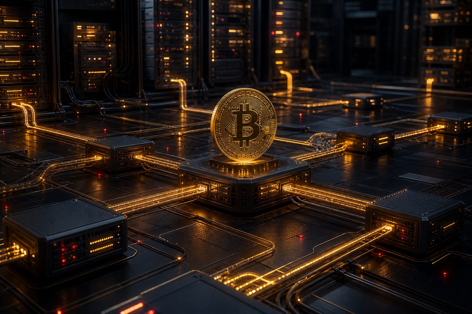 A engenharia por trás do Bitcoin: como funciona a rede que nunca parou Infraestrutura técnica redundante com caminhos luminosos, simbolizando uptime e tolerância a falhas da rede Bitcoin.