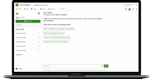 Interface do assistente de inteligência artificial JD no John Deere Operations Center