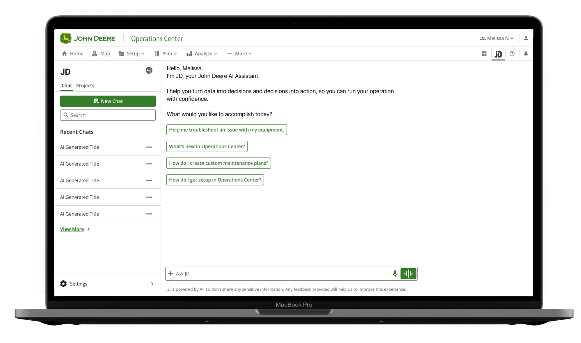 John Deere transforma dados da fazenda em conversa com novo assistente de IA Interface do assistente de inteligência artificial JD no John Deere Operations Center