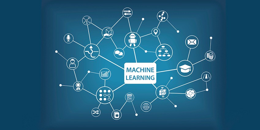 Imagem de fundo azul com escrita Machine Learning e vários ícones conectando